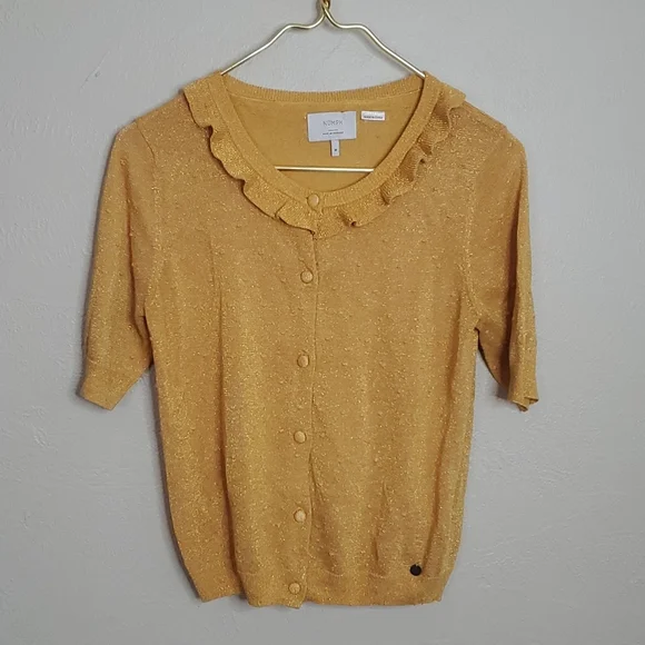 Anthropologie Numph Gold Glitter Knit Retro Cardigan Size Medium - Picture 7 of 7